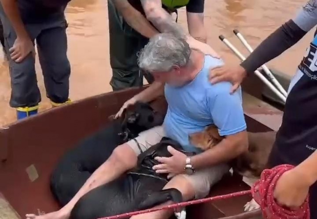 [VÍDEO] Homem se emociona ao conseguir salvar seus cachorros em Porto Alegre