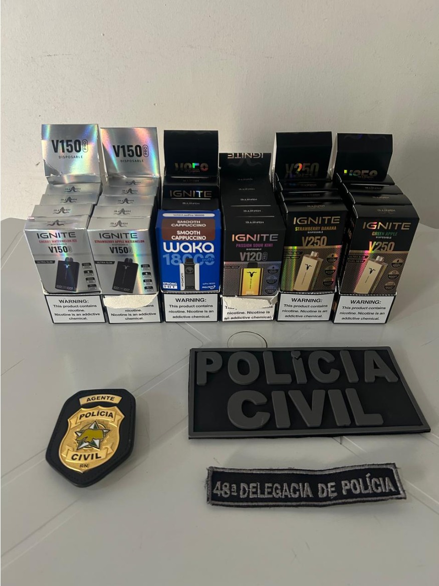 Cigarros eletrônicos apreendidos | Fonte: Secretaria de Comunicação Social da Polícia Civil/RN – SECOMS.