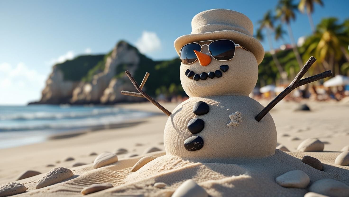 boneco de neve na praia | Foto: imagem gerada por IA / 96FM