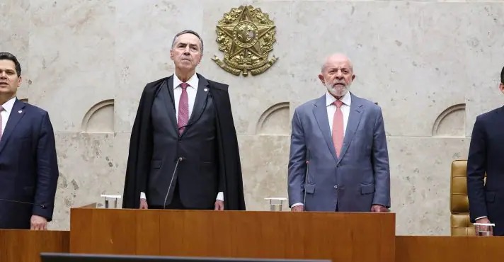 Da esquerda para a direita, os presidentes Davi Alcolumbre (Senado), Luís Roberto Barroso (STF), Lula (Planalto) e Hugo Motta (Câmara), durante a abertura do Ano Judiciário - 3/2/2025 | Foto: Fellipe Sampaio/STF