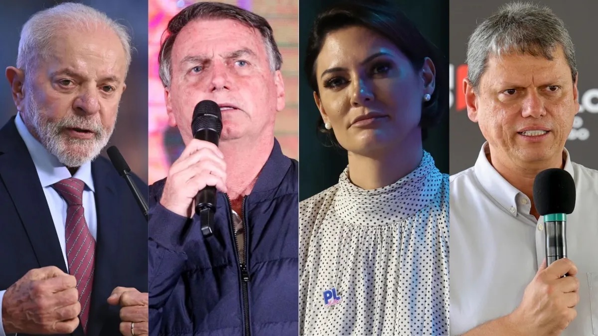 O presidente Luiz Inácio Lula da Silva (PT), o ex-presidente Jair Bolsonaro (PL), a ex-primeira-dama Michele Bolsonaro (PL) e o governador de São Paulo, Tarcísio de Freitas (Republicanos)  • Reprodução