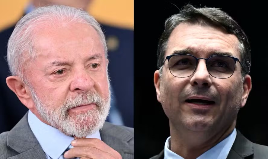 O presidente Luiz Inácio Lula da Silva e o pré-candidato ao Palácio do Planalto pelo PL, senador Flávio Bolsonaro (RJ) — Foto: Fotos de Evaristo Sá/AFP e Andressa Anholete/Agência Senado