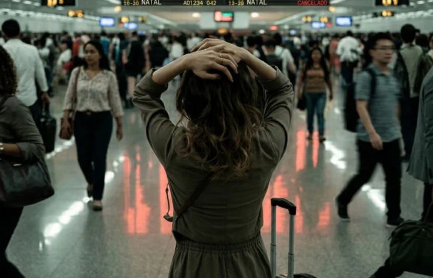Passageira impedida de embarcar observa painel com voos cancelados no aeroporto do Recife durante temporal que suspendeu operações da Azul e Latam para Fernando de Noronha. — Imagem: Freepik / Gerada por IA (ilustrativa)