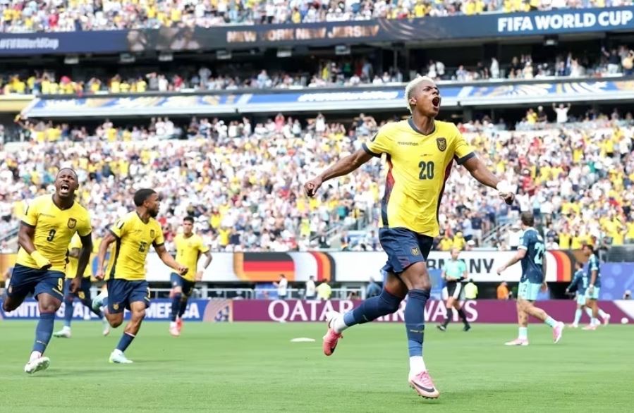 Angulo comemora gol contra a Alemanha pela Copa do Mundo • Divulgação/Fifa via Getty Images