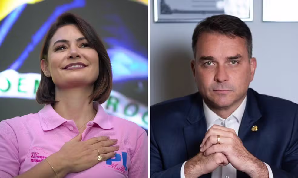 Michelle e Flávio Bolsonaro — Foto: Divulgação/Flickr do PL Mulher e de Flávio Bolsonaro