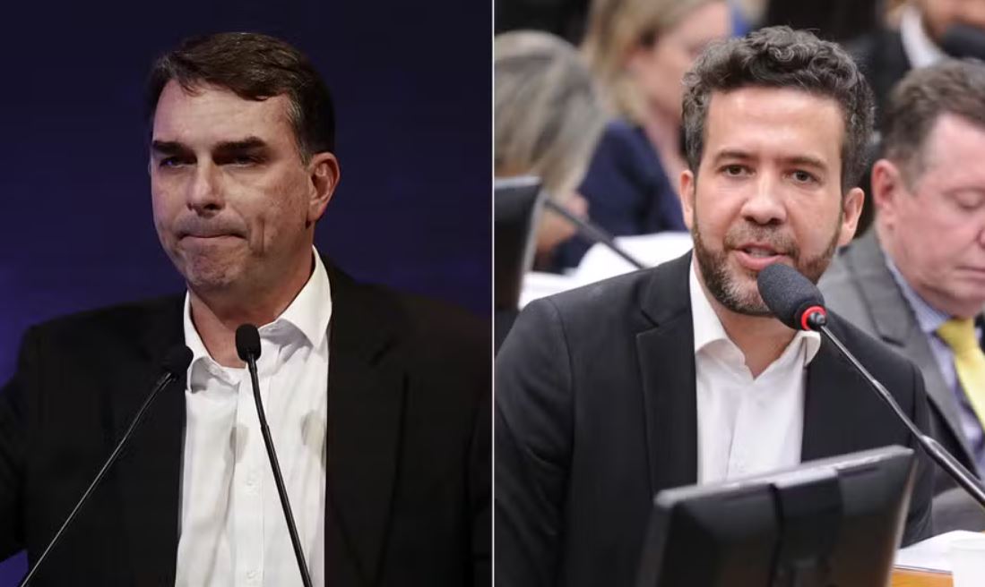 Flávio Bolsonaro e André Janones são adversários políticos — Foto: Fotos de Cristiano Mariz e Renato Araújo