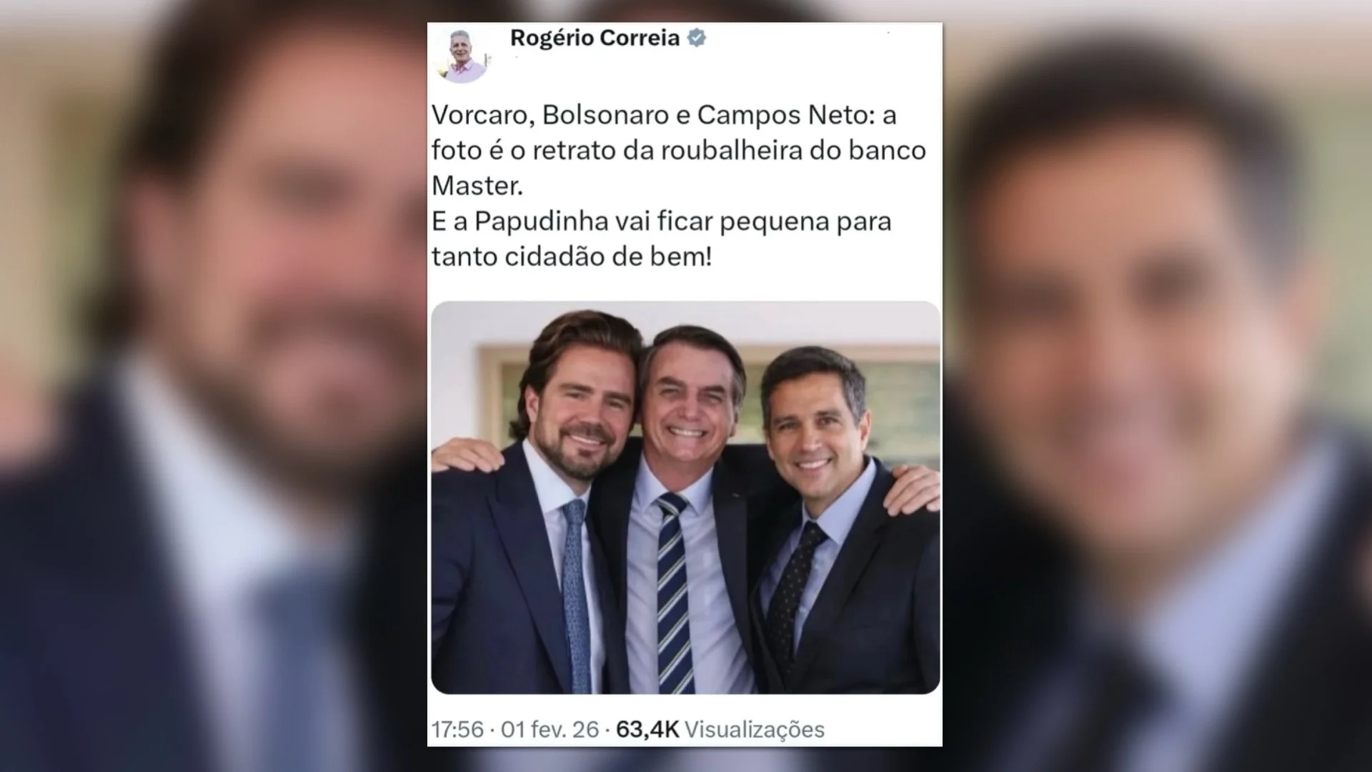 Montagem feita com IA e publicada pelo deputado Rogério Correia mostra uma cena falsa de Daniel Vorcaro, Jair Bolsonaro e Roberto Campos Neto abraçados; petista depois apagou a publicação