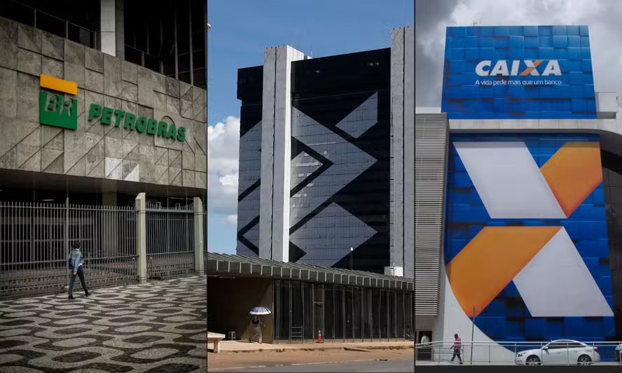 Sedes de Petrobras, Banco do Brasil e Caixa Econômica Federal: governo faz planos para as três empresas públicas — Foto: Montagem sobre fotos de Brenno Carvalho e Michel Filho